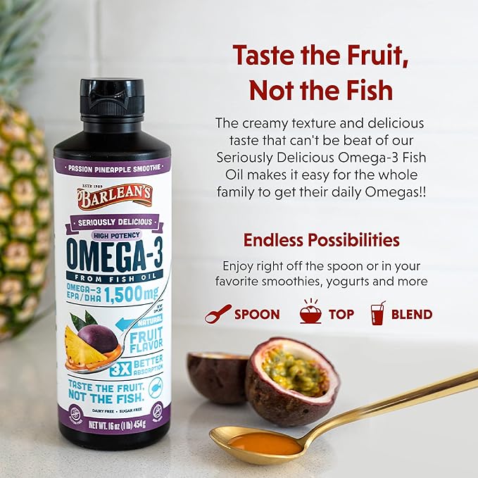 Barlean's Passion Pineapple High Potency Omega 3 Fish Oil Liquid Supplement, 1500mg EPA & DHA Fatty Acid, Smoothie Flavored & Burpless for Brain, Joint, & Heart Health, 16 oz