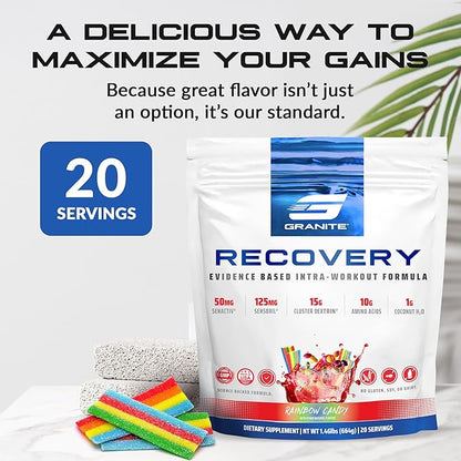 Granite Recovery for Intra & Post Workout |10g Aminos, Electrolytes, Cluster Dextrin for Muscle Recovery & Growth | Amino Acids Supplement with Sensoril | 20 Servings | Rainbow Candy