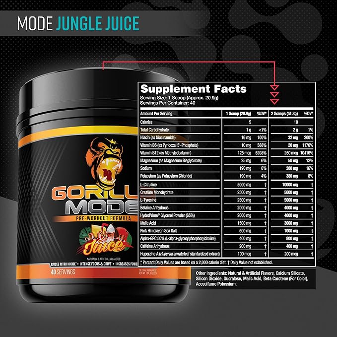 Gorilla Mode Pre Workout - Massive Pumps · Laser Focus · Energy · Power - L-Citrulline, Creatine, L-Tyrosine, Betaine, Hydroprime®, Alpha-GPC, 400mg Caffeine, Huperzine A - 836g (Jungle Juice)