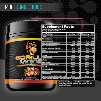 Gorilla Mode Pre Workout - Massive Pumps · Laser Focus · Energy · Power - L-Citrulline, Creatine, L-Tyrosine, Betaine, Hydroprime®, Alpha-GPC, 400mg Caffeine, Huperzine A - 836g (Jungle Juice)