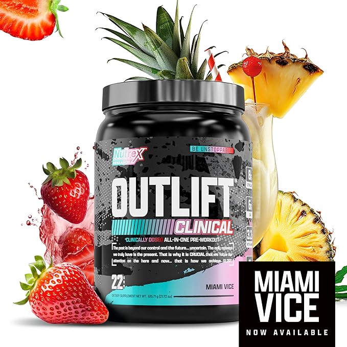Nutrex Research Outlift Clinical | Clinically Dosed Pre Workout Powder with Creatine, 8G Citrulline, EAA | Energy, Performance, Pump Preworkout | Pineapple and Coconut | (22 Servings, Miami Vice)