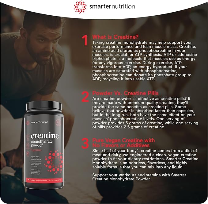 Smarter Nutrition Creatine Monohydrate Powder 150g, 5000mg Per Serving (5g) - Keto Friendly, Unflavored, Gluten-Free, Pre & Workout Recovery Support, Promotes Muscle Mass &. Endurance - 30 Servings