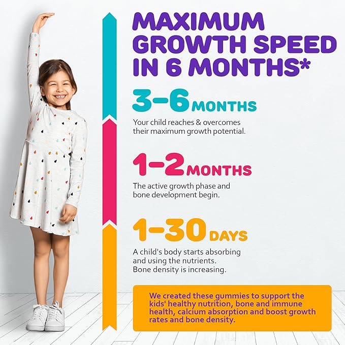 Height Growth Gummies for Kids - Growth Vitamins for Teens Height Growth Supplement - Height Growth for Kids with Calcium, Vitamin D, C, K2, Magnesium & Zinc - Natural Height Growth Maximizer - 60 PCS