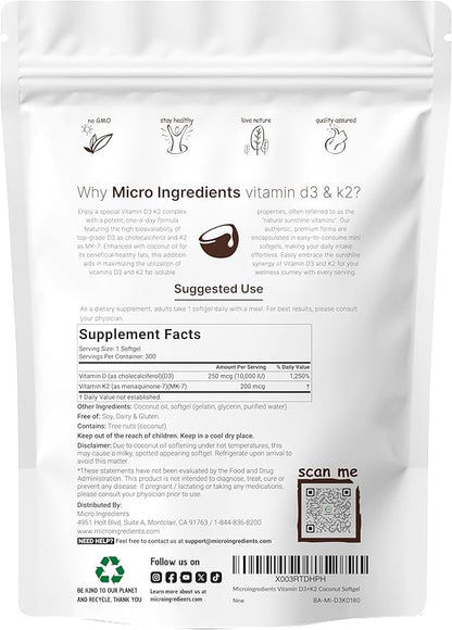 Vitamin D3 10000 iu Plus K2 (MK-7) 200 mcg, 300 Virgin Coconut Oil Softgels| 2 in 1 Vitamins D & K Complex | Supports Calcium Absorption, Bone, Immune, & Heart Health – Easy to Swallow