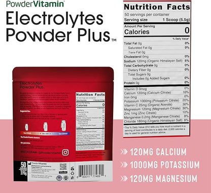 Electrolytes Powder Plus (50 Servings), 0 Calorie Keto, 0 Sugar, No Maltodextrin,1000mg Potassium,120mg Calcium,120mg Magnesium, Hydration Powder (50 Servings, Hibiscus)