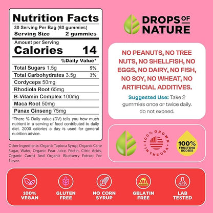 Mushroom Supplement Power Surge Gummies - Lions Mane, Maca Root, Panax Ginseng, Vitamin B12 & Rhodiola - Vegan, Vitamin B Complex - Mushroom Gummies for Energy and Wellness (Mixed Fruits, 60 Gummies)