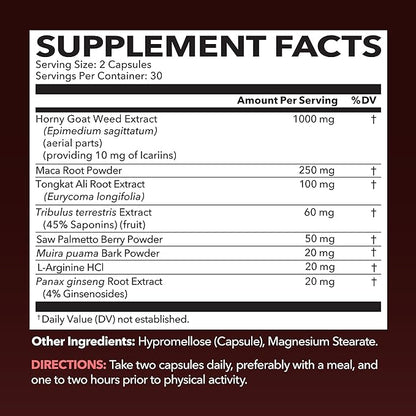 Horny Goat Weed for Men and Women - Extra Strength Performance Support with Maca Root Extract & Tongkat Ali & Muira Puama - Power, Performance and Energy Support - 1 Month Supply Herbal Supplement