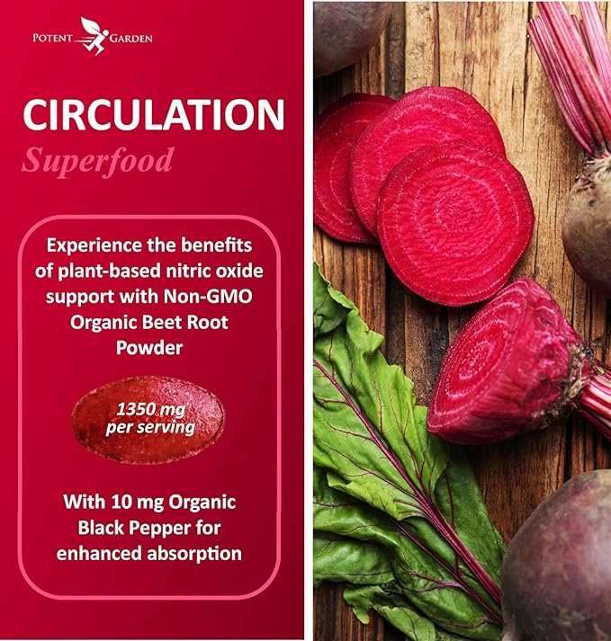 Potent Garden Organic Beet Root Powder (120 Tablets) 1350mg Beets Per Serving with Black Pepper for Extra Absorption - Super Antioxidant and Nitrate Supplement for Athletic Performance and Stamina