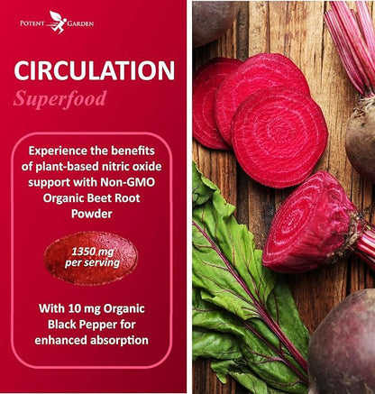 Potent Garden Organic Beet Root Powder (120 Tablets) 1350mg Beets Per Serving with Black Pepper for Extra Absorption - Super Antioxidant and Nitrate Supplement for Athletic Performance and Stamina