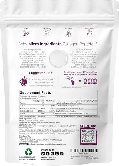 Multi Collagen Peptides Powder, 16 Oz - Hydrolyzed Protein Peptides | Type I,II,III,V,X with Hyaluronic Acid, Biotin & Vitamin C - Unflavored - Keto & Paleo Friendly, Ez Mix in Drinks