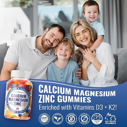 Calcium Magnesium Zinc Supplement Gummies - with Vitamin D3 K2 Magnesium Glycinate - Orange Berry Flavored Vegan Sugar-Free Gluten Free Chewable for Men Women Kids