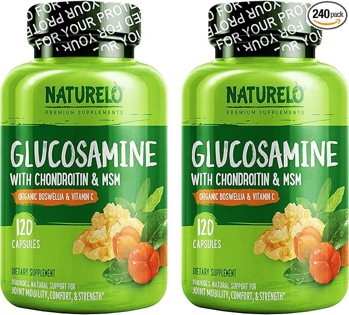 NATURELO Glucosamine Chondroitin MSM with Boswellia and Vitamin C - Supplement for Joint Comfort, Mobility, and Strength - Twin Pack - 240 Capsules