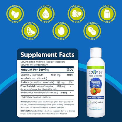 Core Med Science Liposomal Vitamin C 1000mg Liquid - Sunflower Formula, 5 Fl Oz - Natural Liposomal Vitamin C Non-GMO Supplement - Immune System Booster for Adults - Supports Collagen Formation