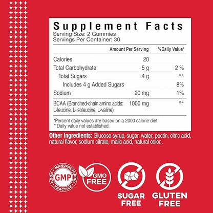 BCAA Gummies, Energy Chews with Electrolytes Branched Chain Amino Acids, Build Lean Muscle and Boost Endurance, 60 Gummies, Berry Flavored