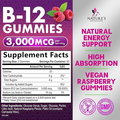 B12 Gummies, Extra Strength Energy 3000 mcg Vitamin B12, B-12 Energy Metabolism & Immune System Support, Chewable Supplement for Adults & Kids, Caffeine Free, Berry Flavored Gummy, Vegan - 120 Count