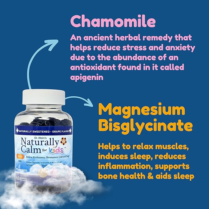 Dr. Klein's Naturally Calm Gummies for Kids - Chamomile, Linden, & Magnesium for Soothing Kids Ages 5+ Vitamins to Aid Sleep - Magnesium Gummies for Kids - Calm Chews for Kids - Grape Sugar-Free 60ct