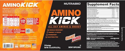 NutraBio Amino Kick - BCAA's, Electrolytes for Hydration, Natural Caffeine- 30 Servings- (Orange Mango)