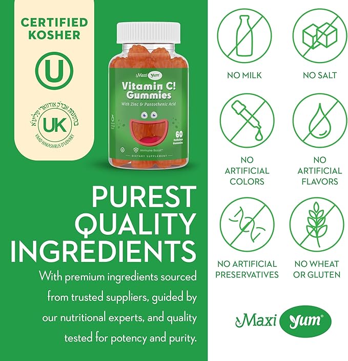 Vitamin C Gummies with Zinc - Maxi-Health Vitamin C with Zinc for Children and Adults - Respiratory Support and Immune Booster - No Preservatives and Artificial Flavors - 60 Fruit Shaped Gummies