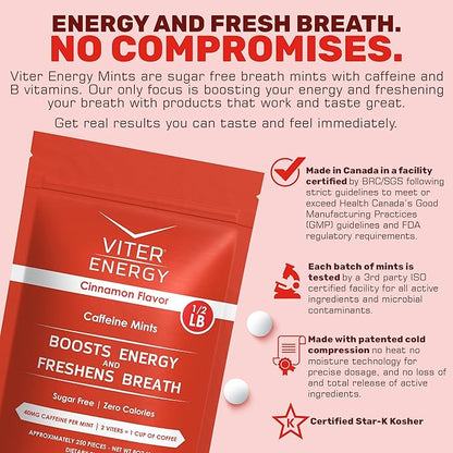 Viter Energy Caffeinated Mints 40mg Caffeine, B Vitamins, Sugar Free. (Cinnamon, 8oz, Bulk Bag)