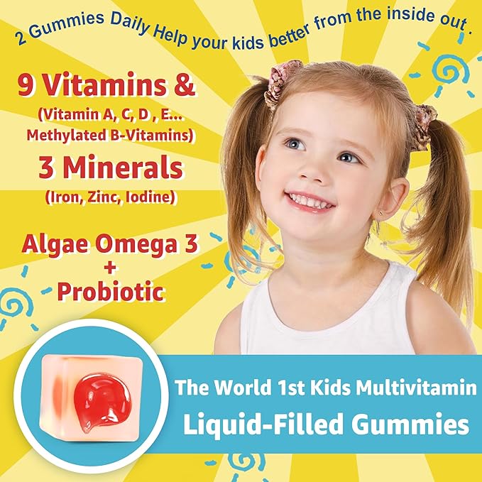Kids Multivitamin Gummies with Iron, Vegan Omega 3 (EPA/DHA), Probiotics, Kids Vitamin A, C, D, E & Zinc for Immune Support, Multivitamin for Kids 4+, Sugar Free, Gluten Free, Fruit Flavor, 120 Counts