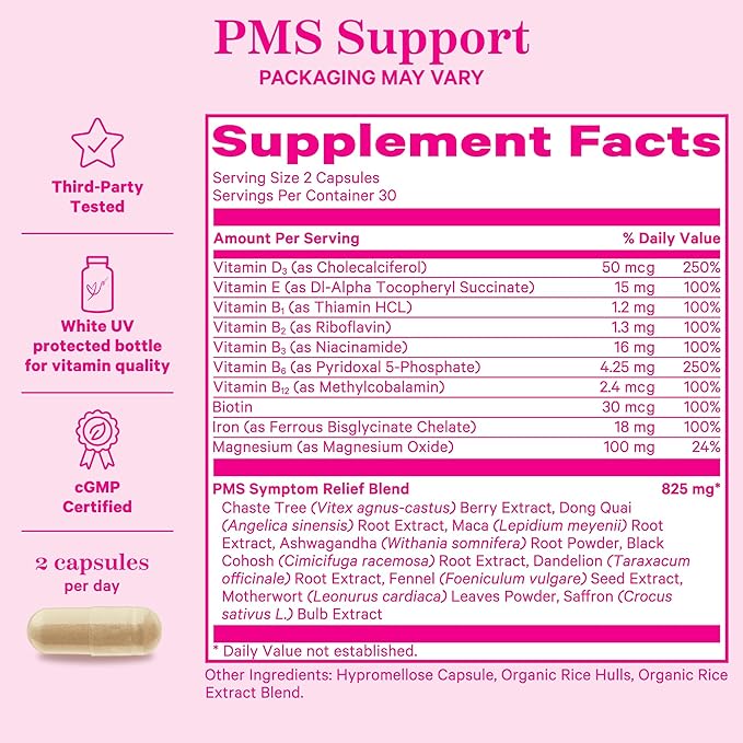 Pink Stork PMS Supplement for Women - Vitex, Ashwagandha, Maca Root & 10 Vitamins & Minerals to Support Hormone Balance, Mood, Bloating, Period Regularity - 60 Capsules