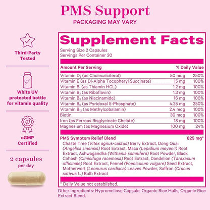 Pink Stork PMS Supplement for Women - Vitex, Ashwagandha, Maca Root & 10 Vitamins & Minerals to Support Hormone Balance, Mood, Bloating, Period Regularity - 60 Capsules