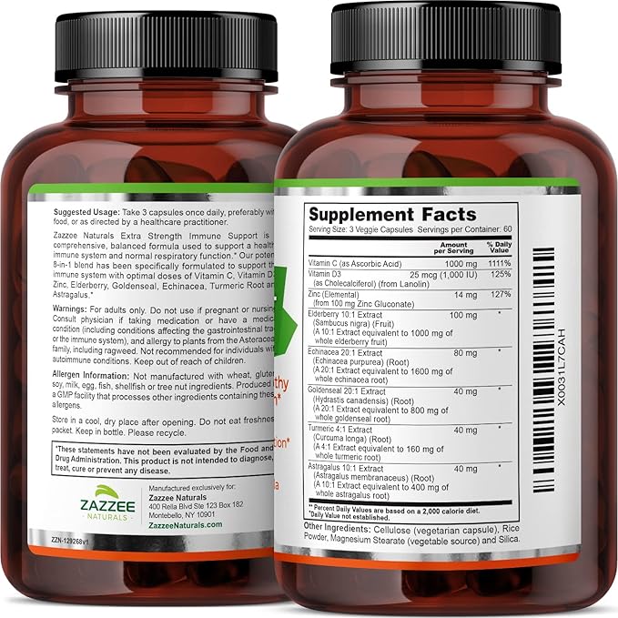 Zazzee Extra Strength 8-in-1 Immune Support, 1400 mg per Capsule, 180 Vegan Capsules, 1000 mg Vitamin C, 1000 IU mg D3, Zinc, Elderberry, Echinacea, Goldenseal, Turmeric and Astragalus, All-Natural