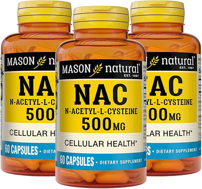 Mason Natura NAC N-Acetyl-L-Cysteine 500 mg, 6 Month Supply, Supports Normal Cellular Health, Immune System Booster for General Wellness, 3 Pack