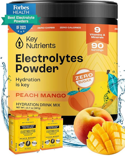 KEY NUTRIENTS Multivitamin Electrolytes Powder No Sugar - Tropical Peach Mango Electrolyte Powder - Endurance & Energy Supplement - Hydration Powder - No Calories - 90 Servings - Made in USA