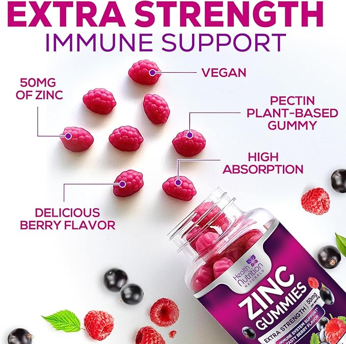 Zinc Gummy for Adults 50mg, Max Strength Bone, Skin & Immune Support Zinc Gummies, Vegan, Non-GMO & Gluten Free, Immune Health Support, Nature’s Antioxidant Chewable Zinc Vitamins - 120 Gummies