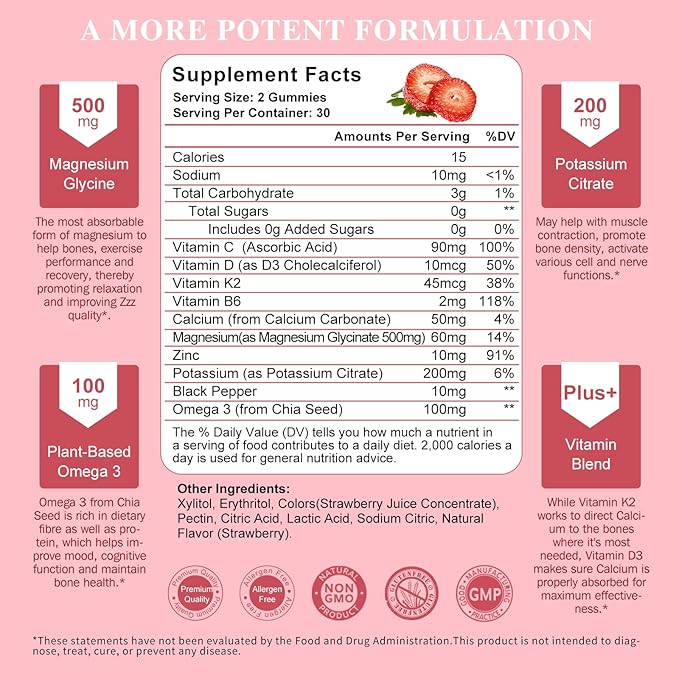 Potassium Magnesium Gummies - High Absorption Magnesium Glycinate 500mg & Potassium Citrate 200mg Plus Omega 3, B6, D3, K2 & Calcium - Chewable Gummy for Leg Cramps, Immunity & Energy - 60 Count