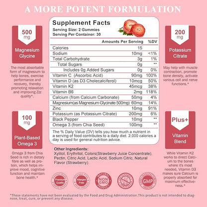 Potassium Magnesium Gummies - High Absorption Magnesium Glycinate 500mg & Potassium Citrate 200mg Plus Omega 3, B6, D3, K2 & Calcium - Chewable Gummy for Leg Cramps, Immunity & Energy - 60 Count