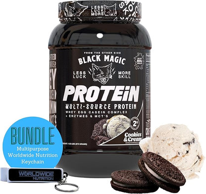 Worldwide Nutrition Bundle: Black Magic Multi-Source Casein Protein Powder-Whey, Egg Albumin Enzymes, Micellar Casein & MCTs-Muscle Mass Gaining-Bodybuilding-Cookies and Cream 2 LB & Keychain