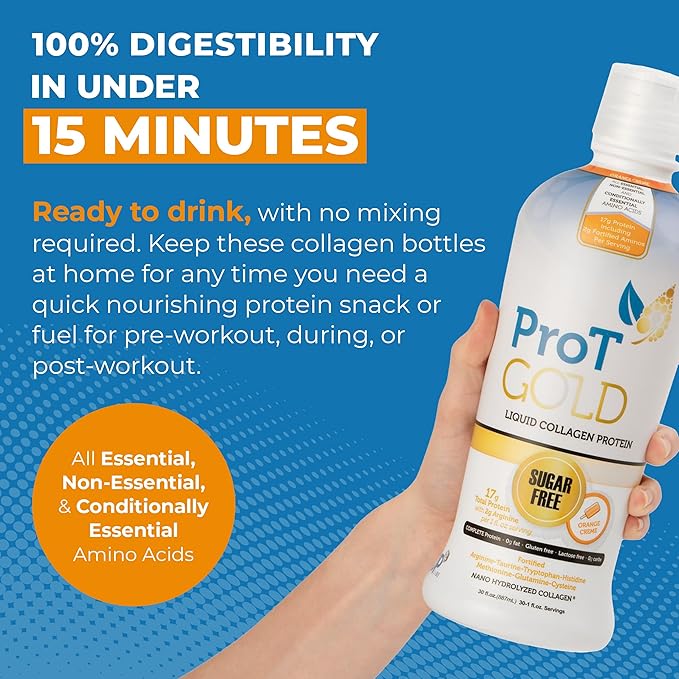 Liquid Collagen Protein Shot, 17g Clear Protein Nano-Hydrolyzed Grass Fed Collagen, 2g Arginine for Wound Support, Gluten Free, Sugar Free, 0g Carbs, Non GMO, Orange Creme, 30 fl oz Bottle