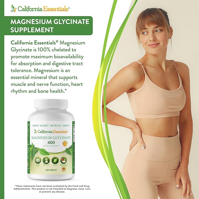 Magnesium Glycinate 400 - Chelated, High Absorption Magnesium for Muscle Relief, Bone & Heart Support -Vegan, Non-GMO, Gluten-Free 240 Tablets (Servings 120, Serving Size (2) 200mg Tablets)
