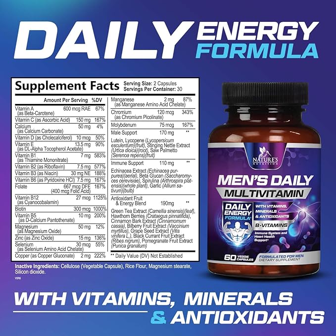 Multivitamin for Men - Mens Multivitamins for Daily Nutritional Support, Men's Multivitamin with Vitamin A, C, D, E, B12, Zinc & More, Immune Health & Energy Support Vitamins Supplement - 60 Capsules