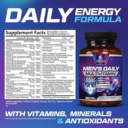 Multivitamin for Men - Mens Multivitamins for Daily Nutritional Support, Men's Multivitamin with Vitamin A, C, D, E, B12, Zinc & More, Immune Health & Energy Support Vitamins Supplement - 60 Capsules
