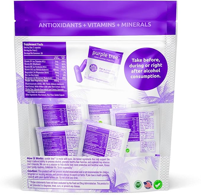 purple tree Post-Celebration Wellness | Liver Support, Hydration & Replenisher | Dihydromyricetin DHM, Milk Thistle, Electrolytes, Vitamins | Bachelorette & Bachelor Party Kits, 10 Packs, 40 Pills