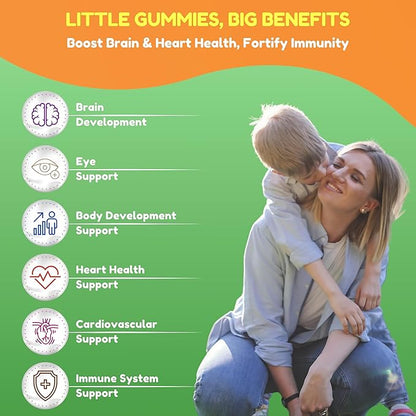 Gelatin Free Kids Omega 3 Gummies w/DHA 30 Servings. Plant-Based Omega 3 for Kids. Gluten Free & Non-GMO DHA Gummies. Children Omega 3 Gummies for Kids. Omega 3 Kids to Support Brain & Immune System