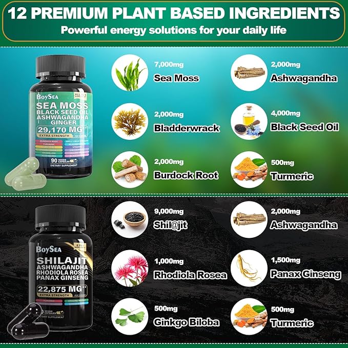 Boysea.Sea Moss and shilajit Bundle - 90 Count - Sea Moss 7000mg, Black Seed Oil 4000mg, Ashwagandha 2000mg, Ginger & Shilajit 9000mg, Rhodiola Rosea 1000mg, All in 1 Supplements (1 Pack)