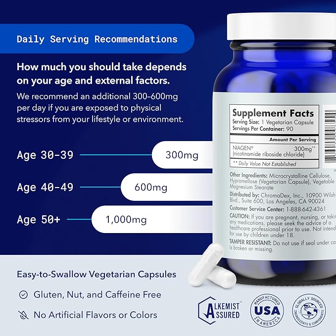 TRU NIAGEN Patented NAD+ Supplement for Anti Aging and Cell Regeneration, 300 mg Niagen, 90 Servings | Supports Cellular Energy, Brain, Muscle | Nicotinamide Riboside (NR) Take 1 Daily | 1 Bottle