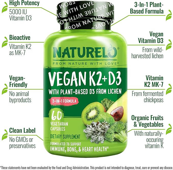 NATURELO Vitamin D3 K2 - Vegan K2+D3 with Plant Based D3 from Lichen - Natural D3 Supplement for Immune System, Bone Support, Heart Health - Whole Food - Non-GMO - Gluten Free, 60 Capsules
