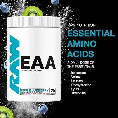 RAW EAA Amino Acids Powder, Kiwi Blueberry (25 Servings) - Pre Workout Amino Energy Powder for Strength, Endurance, Recovery & Lean Muscle Growth - BCAA Amino Acids Supplement for Men & Women