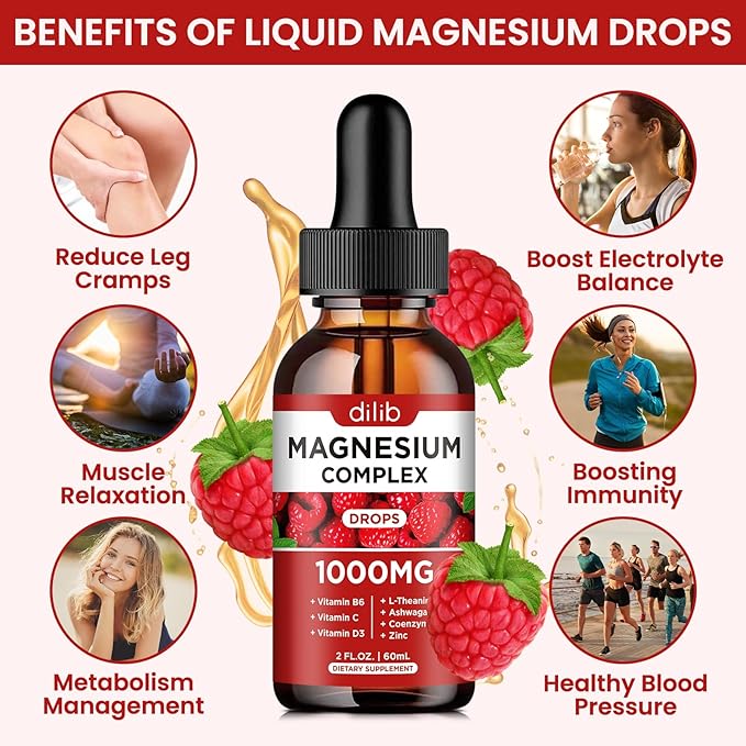Triple Magnesium Complex Supplement, Magnesium Glycinate, threonate, Citrate Liquid Drops 1000mg with Ashwagandha, CoQ10, Vitamin B6, C, D, Zinc - Vegan Raspberry Flavor