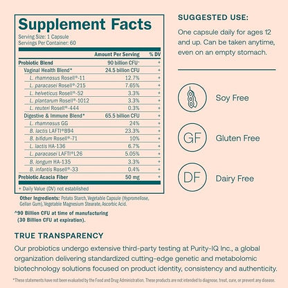 True Grace One Daily Women’s Probiotic - 60 Vegetarian Capsules - Digestive, Vaginal & Immune Health - Organic, Gluten Free, Dairy Free, Soy Free - 60 Servings