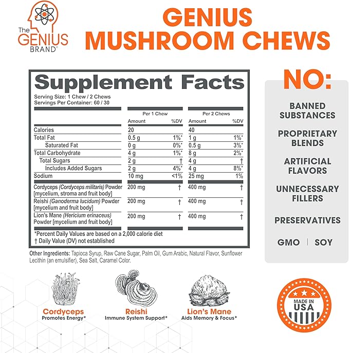 Genius Mushroom Soft Chews – Lion's Mane, Cordyceps, Reishi Complex for Energy, Focus, Brain Health, Immune Support – Nootropic Chew, Butter Toffee Flavor
