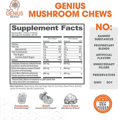 Genius Mushroom Soft Chews – Lion's Mane, Cordyceps, Reishi Complex for Energy, Focus, Brain Health, Immune Support – Nootropic Chew, Butter Toffee Flavor