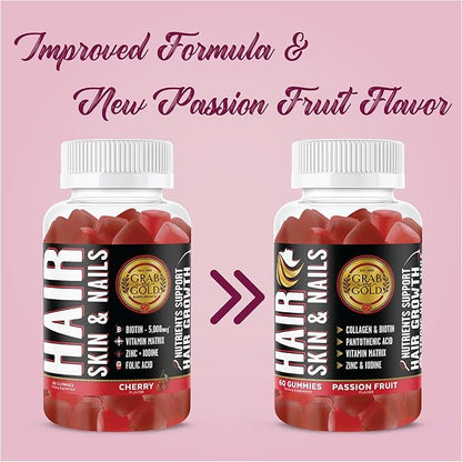 Grab The Gold Hair Skin & Nails Gummies Vitamins with 6000mcg Biotin + Collagen + 10 Vitamins & Minerals, Gluten-Free, Passion Fruit Flavor (1 Bottle = 1 Month Supply)