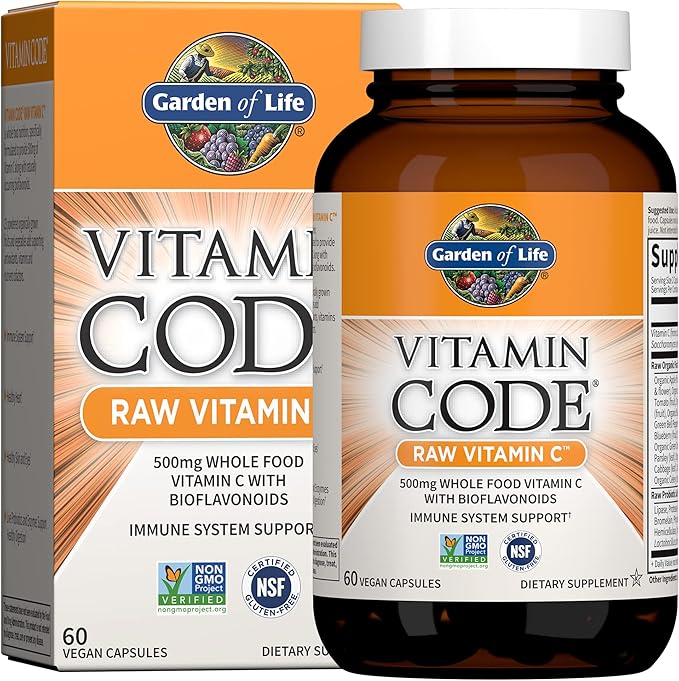 Garden of Life Vitamin Code Raw Vitamin C - 60 Capsules, 500mg Whole Food Vitamin C, Fruit & Veggie Blend, Probiotics, Vitamin C Capsules, C Vitamins Supplements for Adults, Vegan, Gluten Free
