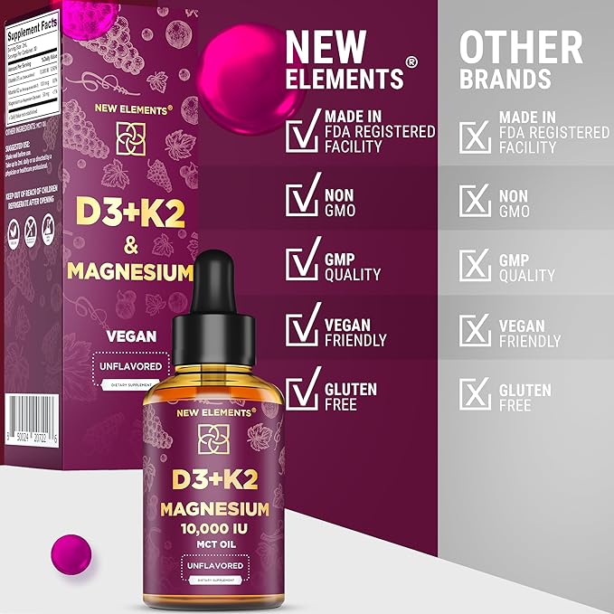 Liquid Vitamin D3 K2 10000IU with Magnesium Glycinate 5mg | VIT D3 K2 Drops for Adults | Mk7 Vitamin K2 100mcg | Vitamin D3 + K2 Supplement for Men & Women | Gluten Free | Non-GMO